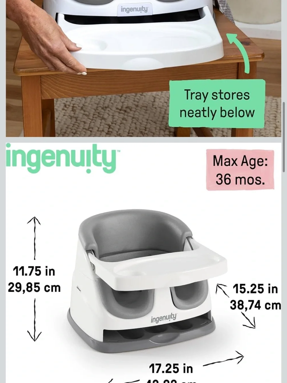 Ingenuity Baby Base 2-in-1 Booster Feeding and Floor Seat with Self-Storing Tray